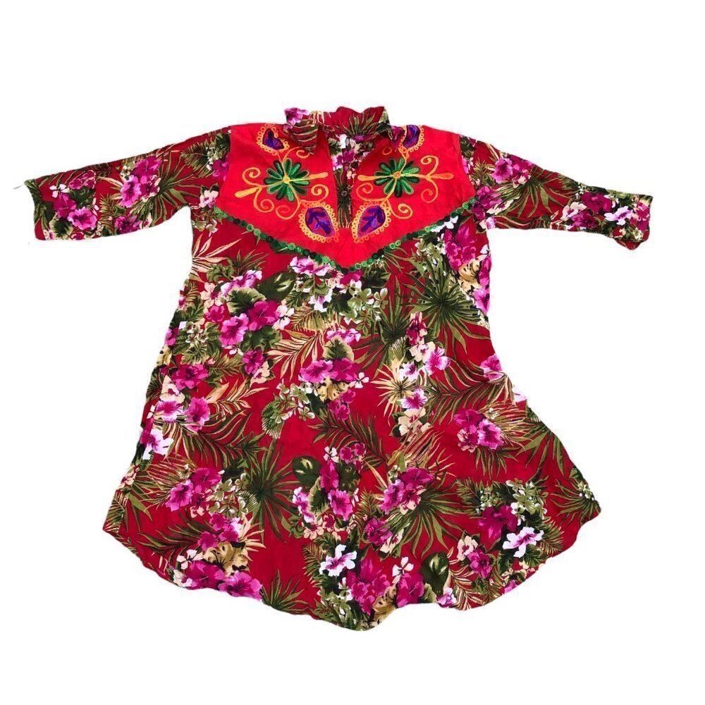 FLOWER Embroidered Floral Indian Above Knee Dress Women's M Long Sleeve Red‌‌‌